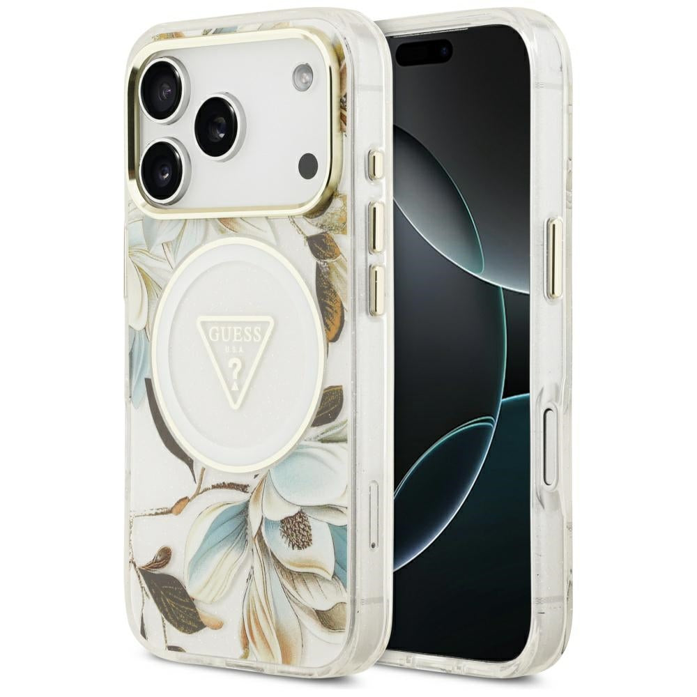 MagSafe Hülle für Apple iPhone 17 Pro Max, Guess, IML Metal Glitter Flowers Triangle, Weiß