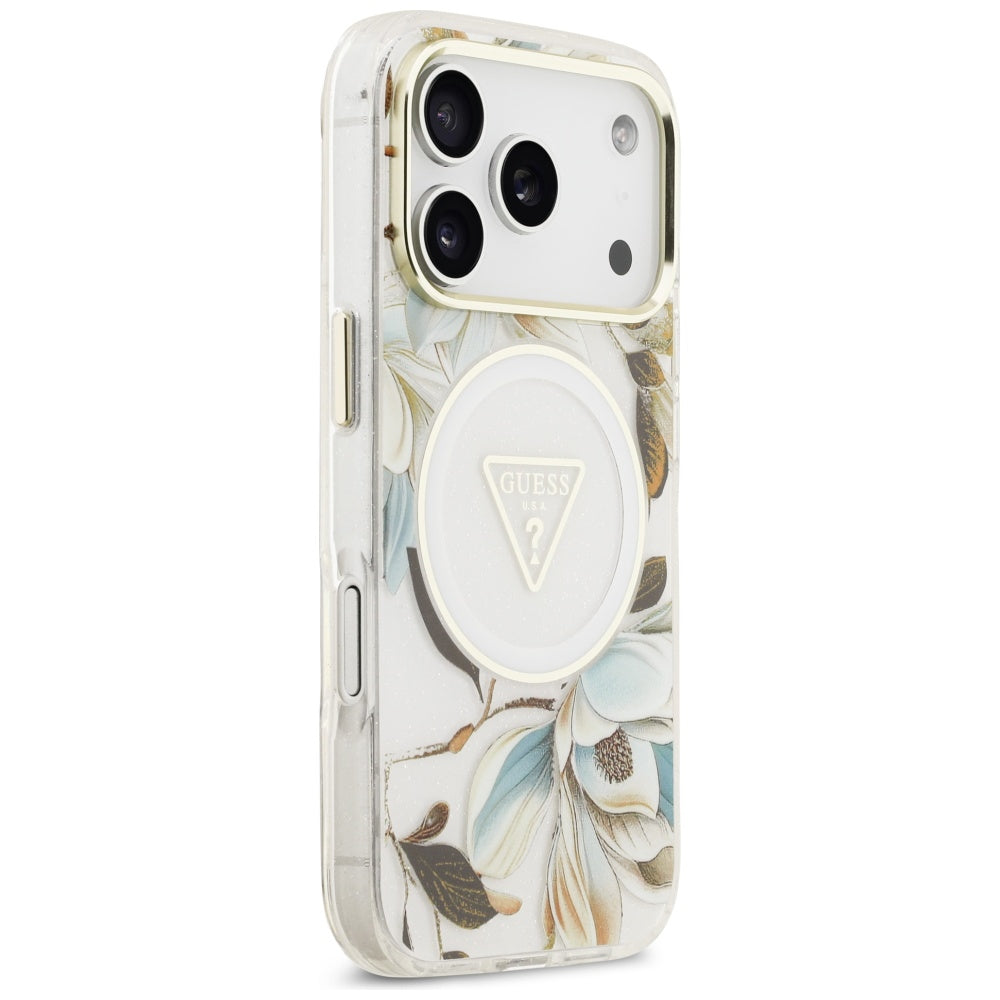MagSafe Hülle für Apple iPhone 17 Pro Max, Guess, IML Metal Glitter Flowers Triangle, Weiß