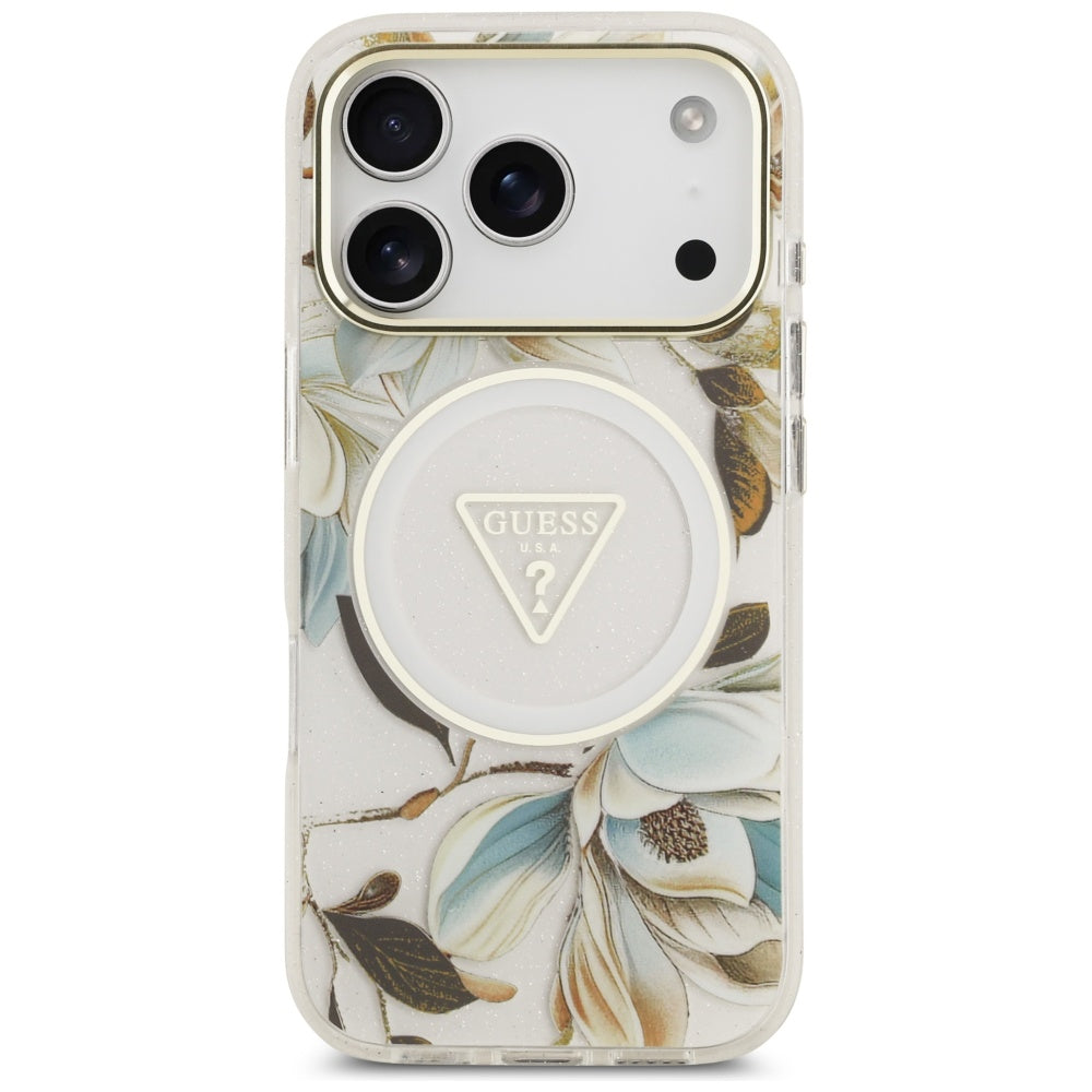 MagSafe Hülle für Apple iPhone 17 Pro Max, Guess, IML Metal Glitter Flowers Triangle, Weiß