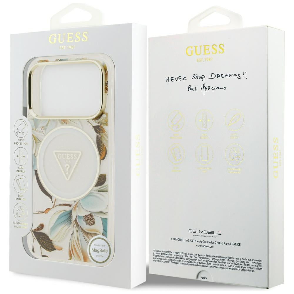 MagSafe Hülle für Apple iPhone 17 Pro Max, Guess, IML Metal Glitter Flowers Triangle, Weiß