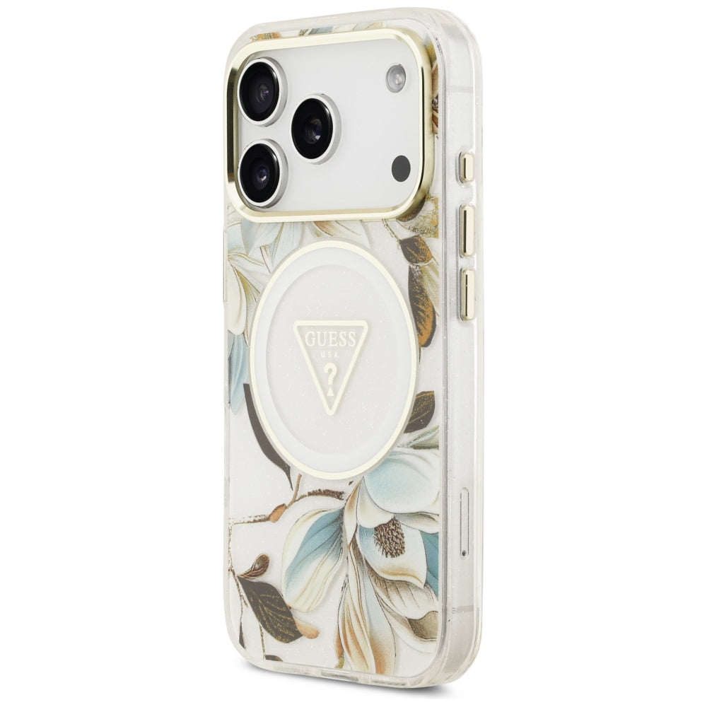MagSafe Hülle für Apple iPhone 17 Pro Max, Guess, IML Metal Glitter Flowers Triangle, Weiß