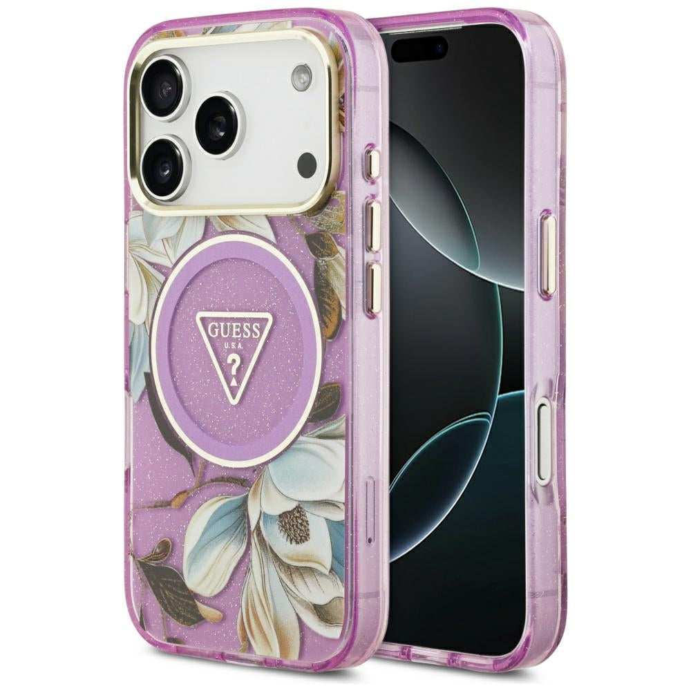 MagSafe hoes voor Apple iPhone 17 Pro Max, Guess, IML Metal Glitter Flowers Triangle, Paars