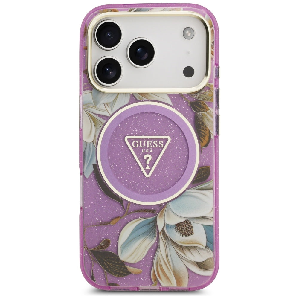 MagSafe hoes voor Apple iPhone 17 Pro Max, Guess, IML Metal Glitter Flowers Triangle, Paars