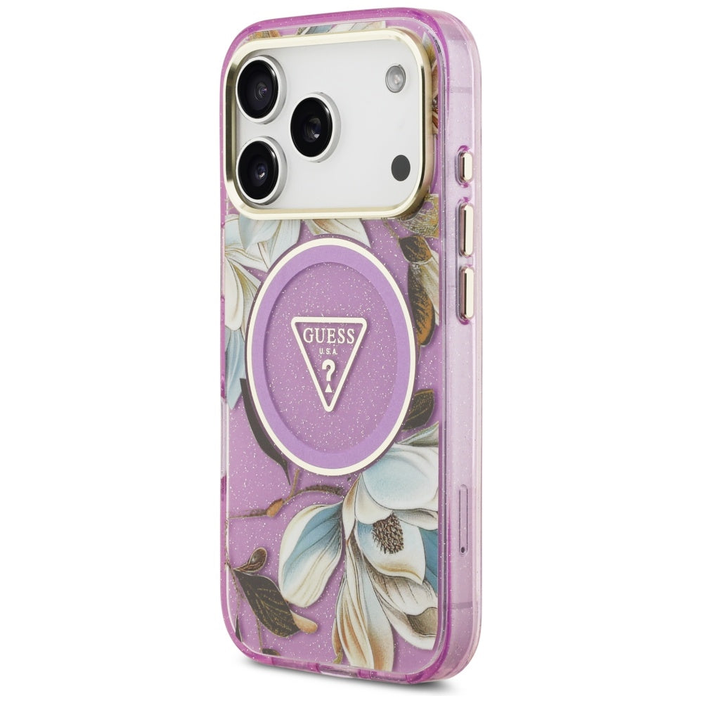 MagSafe hoes voor Apple iPhone 17 Pro Max, Guess, IML Metal Glitter Flowers Triangle, Paars