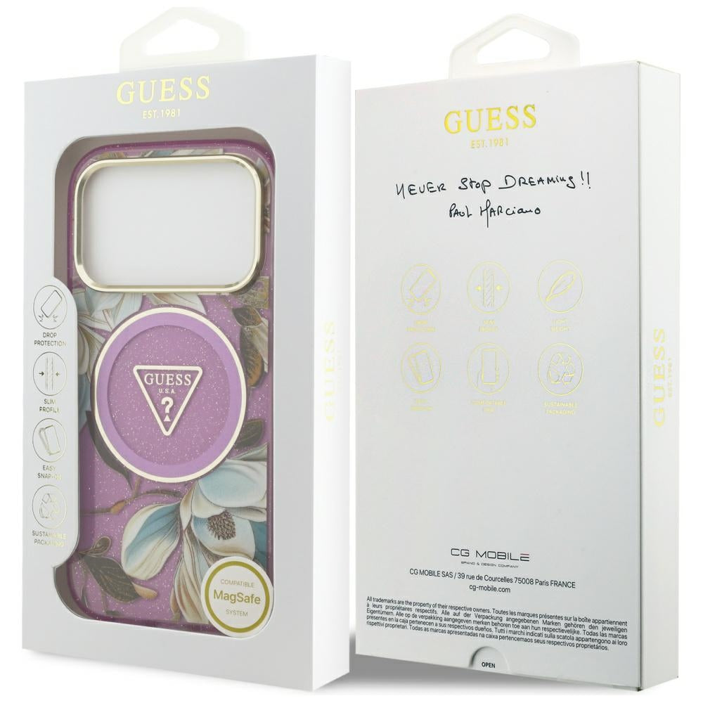 MagSafe hoes voor Apple iPhone 17 Pro Max, Guess, IML Metal Glitter Flowers Triangle, Paars