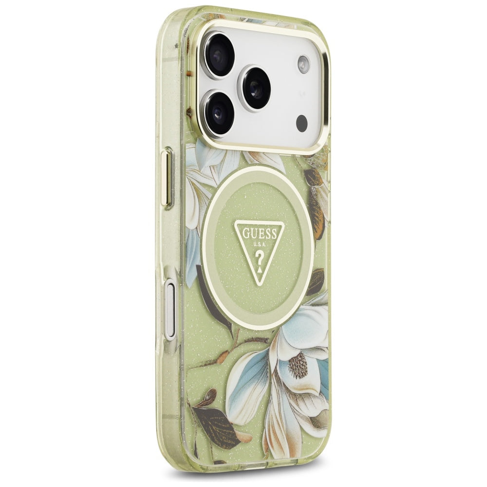 MagSafe hoesje voor Apple iPhone 17 Pro Max, Guess, IML Metal Glitter Flowers Triangle, Groen