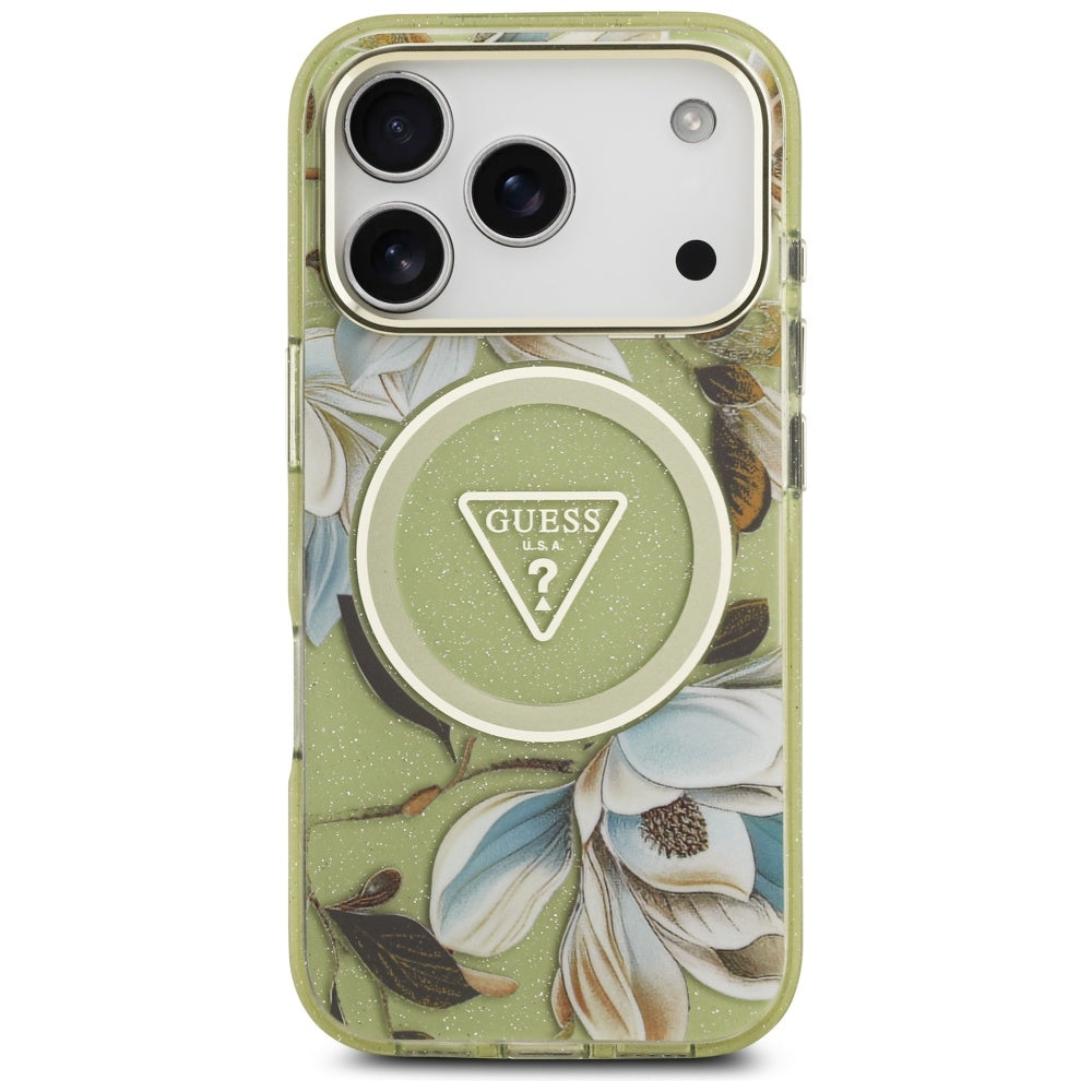 MagSafe hoesje voor Apple iPhone 17 Pro Max, Guess, IML Metal Glitter Flowers Triangle, Groen