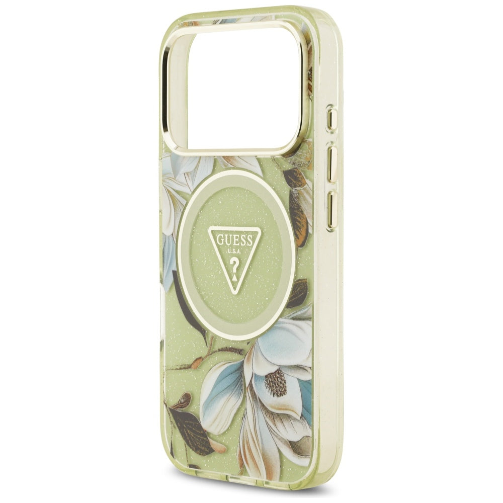 MagSafe hoesje voor Apple iPhone 17 Pro Max, Guess, IML Metal Glitter Flowers Triangle, Groen