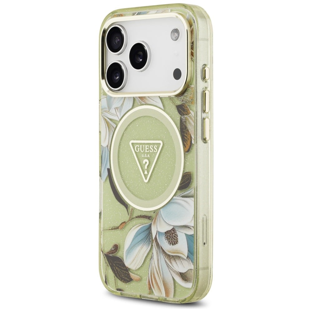 MagSafe hoesje voor Apple iPhone 17 Pro Max, Guess, IML Metal Glitter Flowers Triangle, Groen