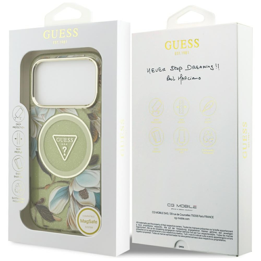 MagSafe hoesje voor Apple iPhone 17 Pro Max, Guess, IML Metal Glitter Flowers Triangle, Groen