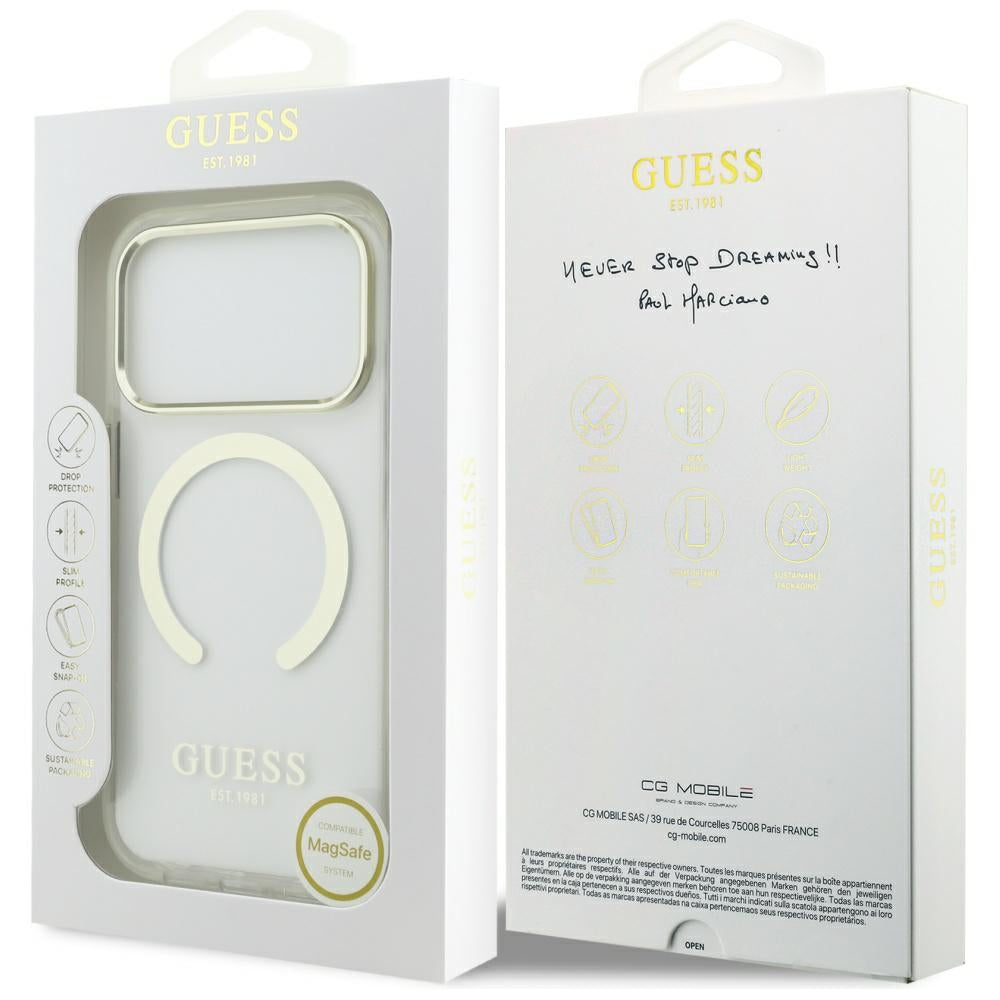 Coque MagSafe pour Apple iPhone 17 Pro Max, Guess, Contour Métallique, Dorée