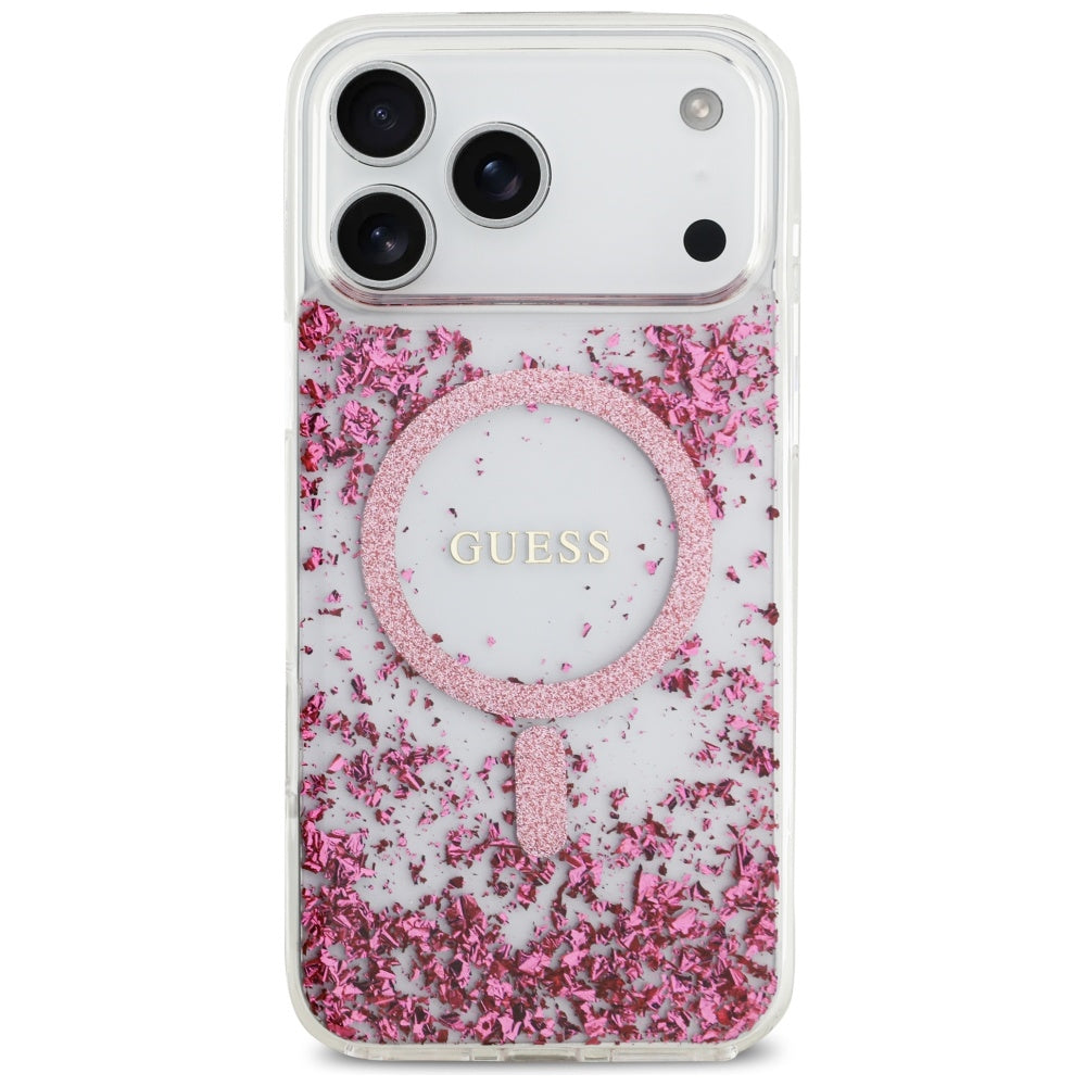 Coque MagSafe pour Apple iPhone 17 Pro Max, Guess, Fond en Résine Pailleté, Rose