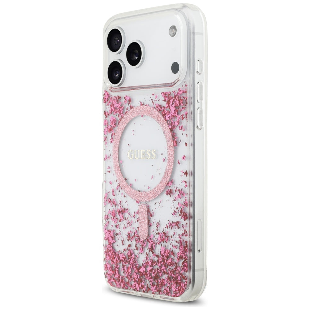 Coque MagSafe pour Apple iPhone 17 Pro Max, Guess, Fond en Résine Pailleté, Rose