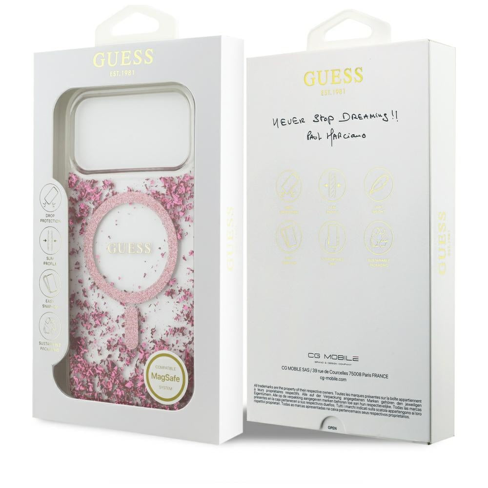 Coque MagSafe pour Apple iPhone 17 Pro Max, Guess, Fond en Résine Pailleté, Rose