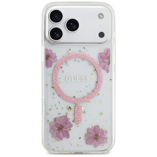 MagSafe hoesje voor Apple iPhone 17 Pro Max, Guess, Resin Flowers and Glitter, Roze