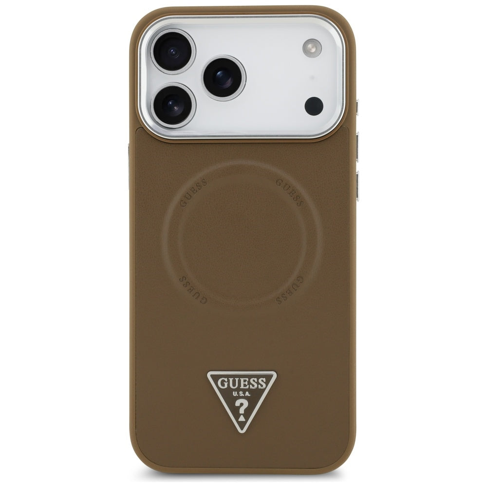 Étui MagSafe pour Apple iPhone 17 Pro Max, Guess, Logo Triangle, Marron Argenté