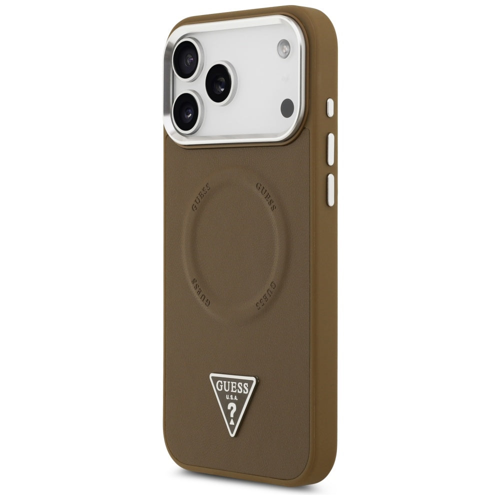 Étui MagSafe pour Apple iPhone 17 Pro Max, Guess, Logo Triangle, Marron Argenté