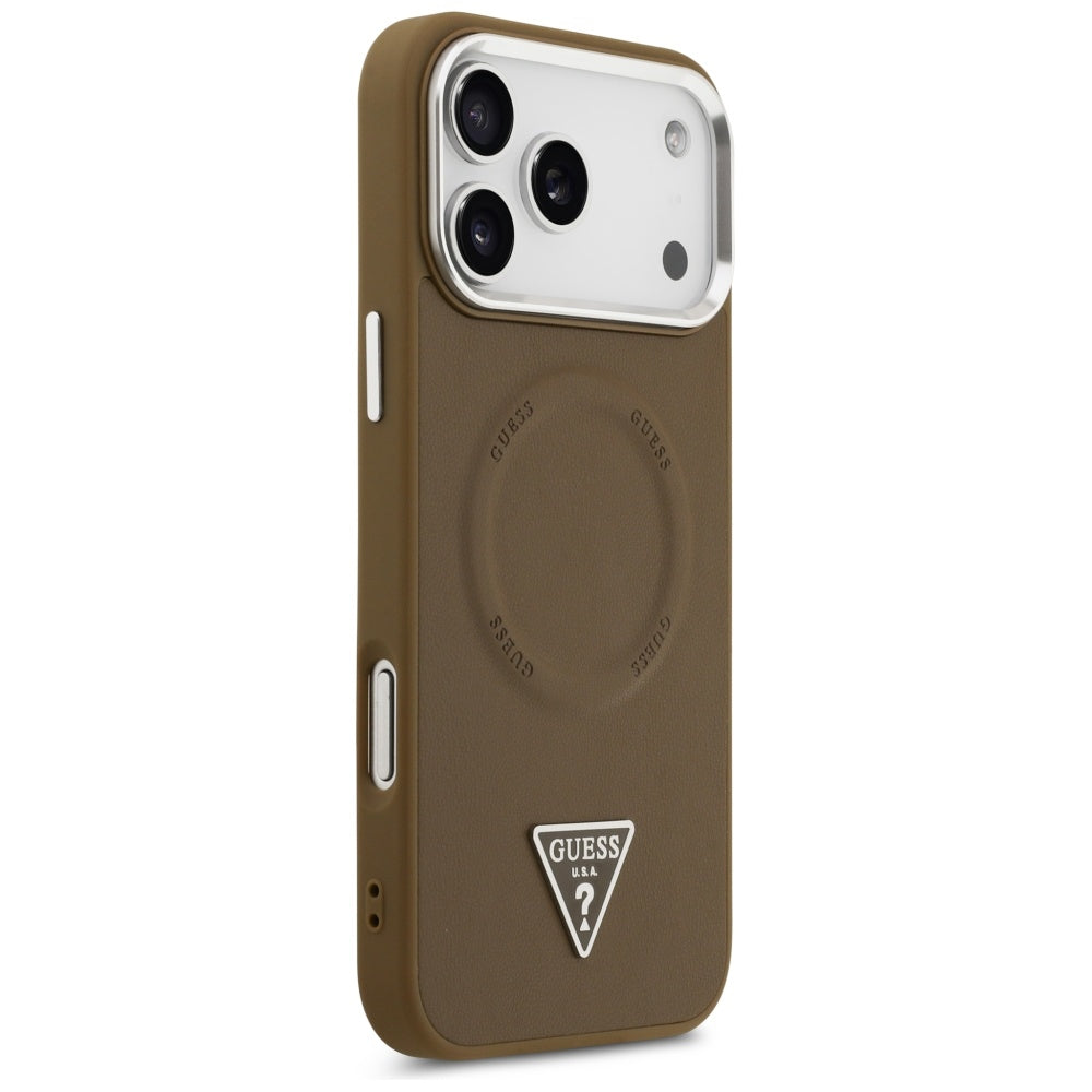Étui MagSafe pour Apple iPhone 17 Pro Max, Guess, Logo Triangle, Marron Argenté