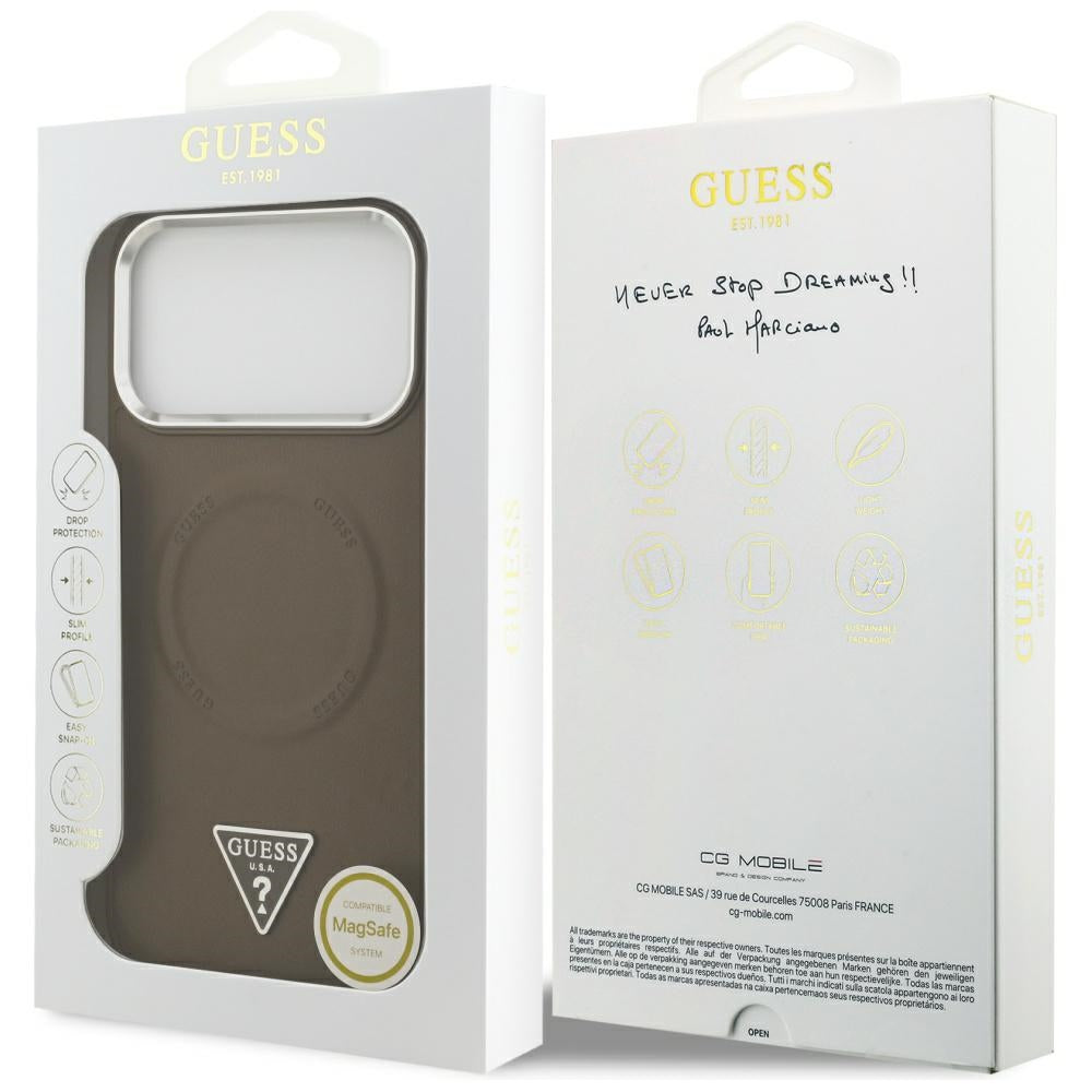 Étui MagSafe pour Apple iPhone 17 Pro Max, Guess, Logo Triangle, Marron Argenté