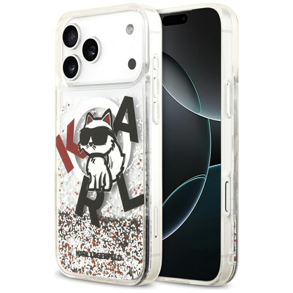 MagSafe Hülle für Apple iPhone 17 Pro Max, Karl Lagerfeld, Liquid Glitter Logo Choupette, Transparent