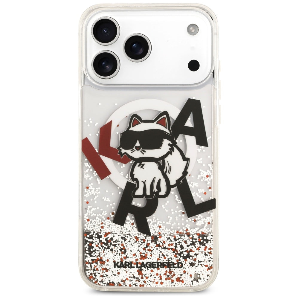 MagSafe Hülle für Apple iPhone 17 Pro Max, Karl Lagerfeld, Liquid Glitter Logo Choupette, Transparent