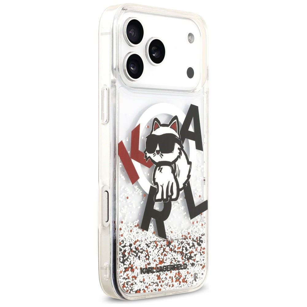 MagSafe Hülle für Apple iPhone 17 Pro Max, Karl Lagerfeld, Liquid Glitter Logo Choupette, Transparent