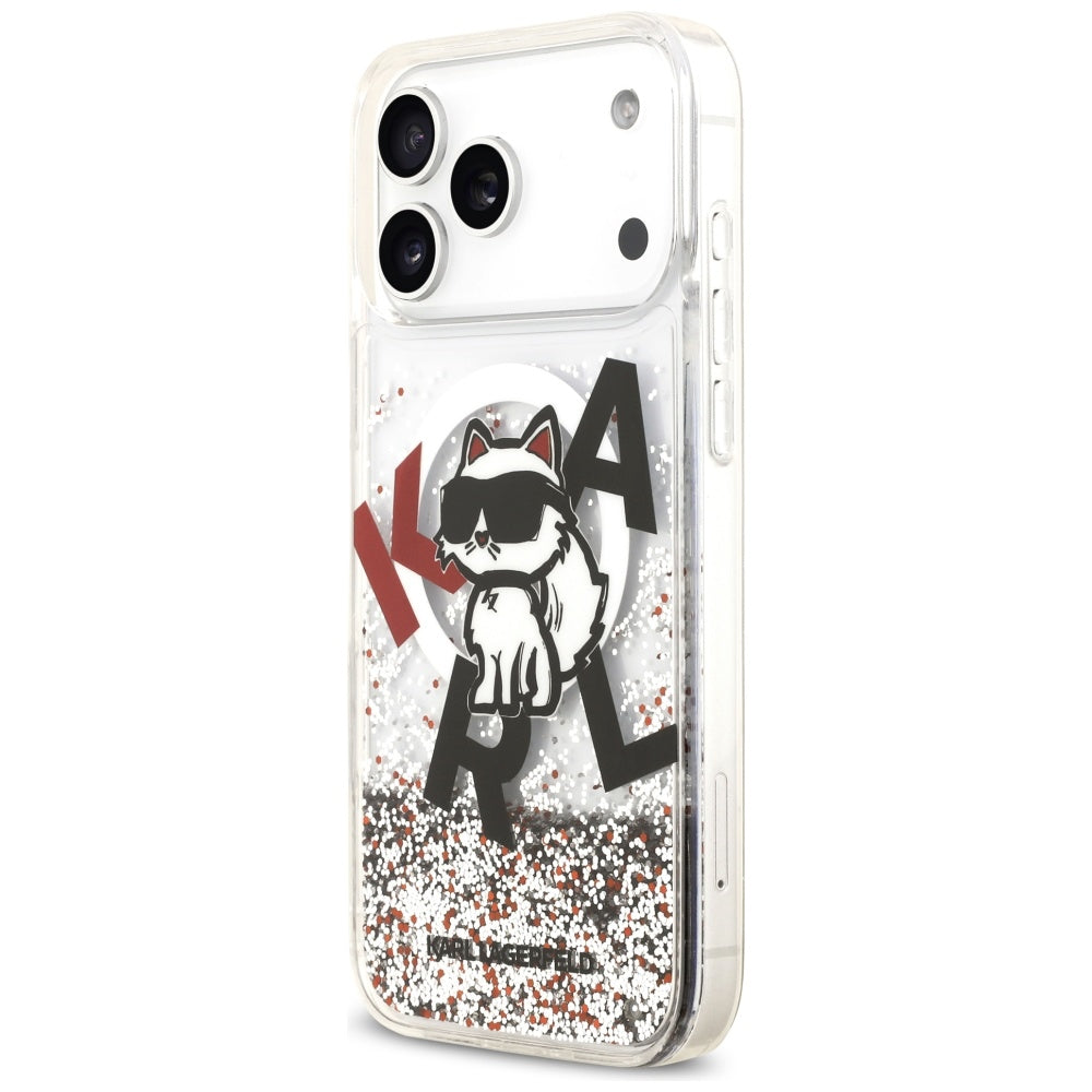 MagSafe Hülle für Apple iPhone 17 Pro Max, Karl Lagerfeld, Liquid Glitter Logo Choupette, Transparent