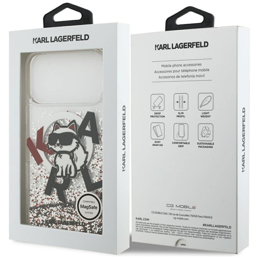 MagSafe Hülle für Apple iPhone 17 Pro Max, Karl Lagerfeld, Liquid Glitter Logo Choupette, Transparent
