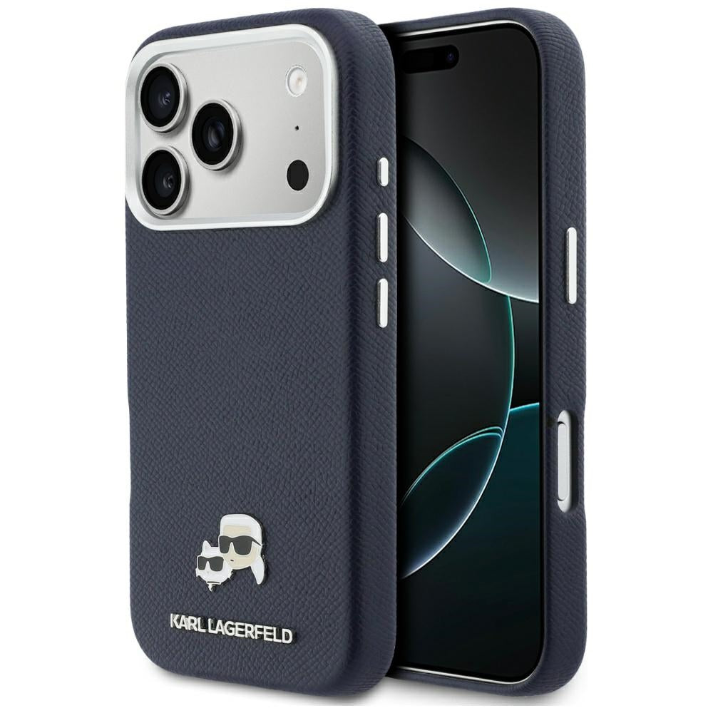 MagSafe Hülle für Apple iPhone 17 Pro Max, Karl Lagerfeld, Saffiano Karl & Choupette Pins, Blau