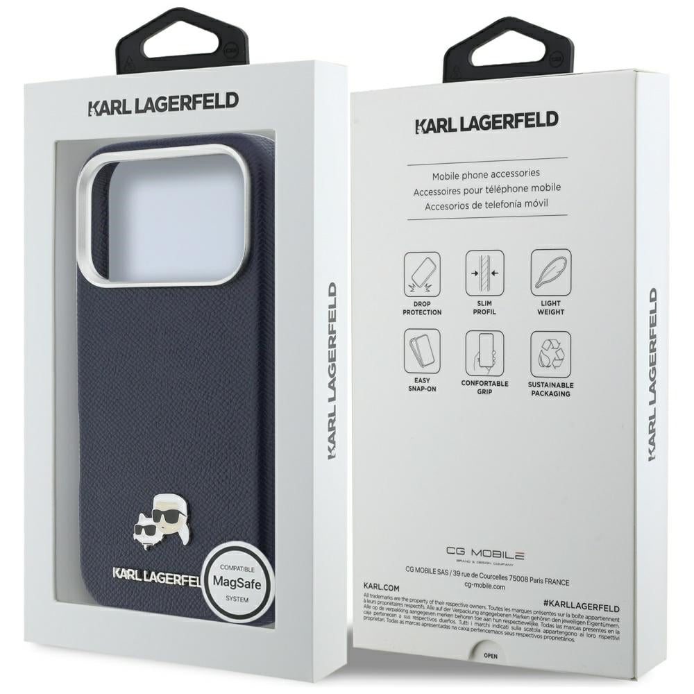MagSafe Hülle für Apple iPhone 17 Pro Max, Karl Lagerfeld, Saffiano Karl & Choupette Pins, Blau