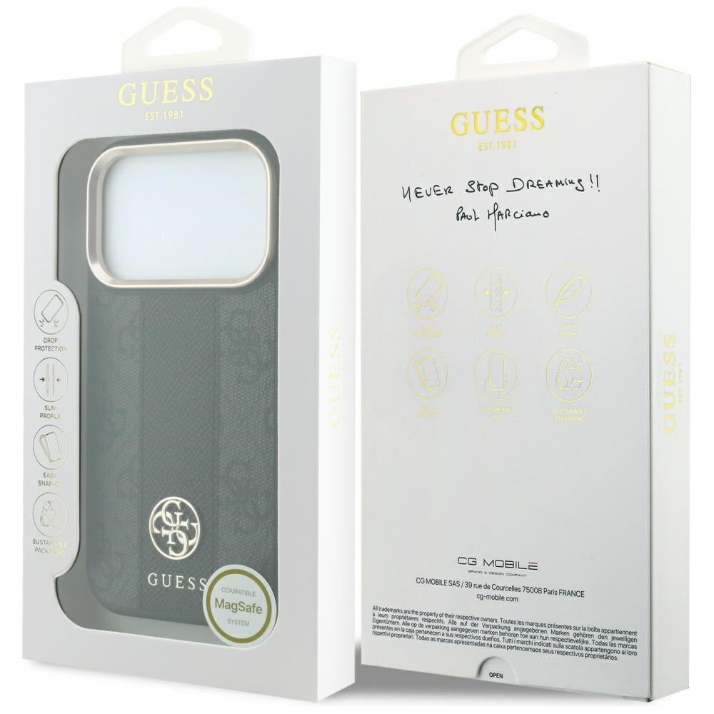 Coque MagSafe pour Apple iPhone 18 Pro / 17 Pro, Guess, Logo Classique Rond 4G Stripe, Noire