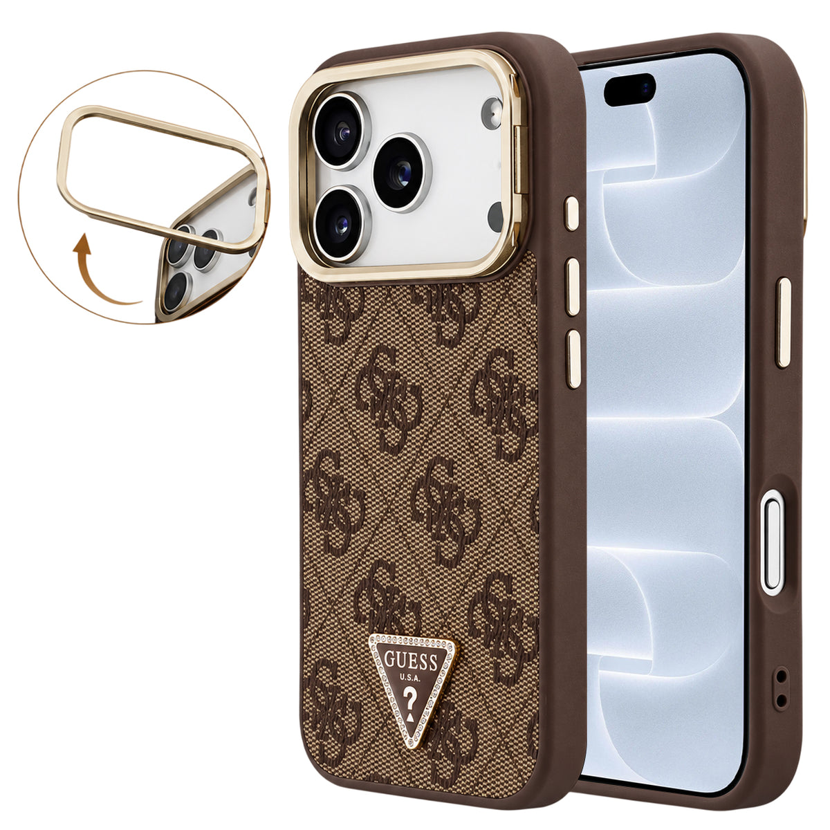 MagSafe-hoesje voor Apple iPhone 18 Pro / 17 Pro, Guess, 4G Triangle Logo & Camera-standaard, bruin