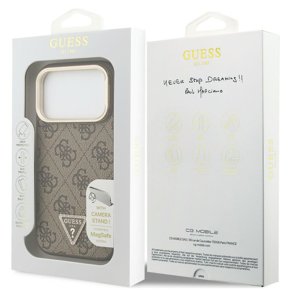 MagSafe-hoesje voor Apple iPhone 18 Pro / 17 Pro, Guess, 4G Triangle Logo & Camera-standaard, bruin