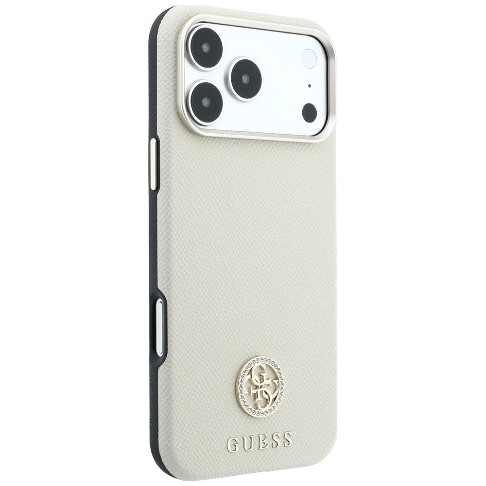 MagSafe-Hülle für Apple iPhone 18 Pro / 17 Pro, Guess, genarbtes rundes Strass-Logo, Beige