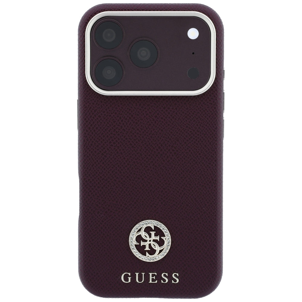 MagSafe-Hülle für Apple iPhone 18 Pro / 17 Pro, Guess, genarbtes rundes Strass-Logo, Weinrot