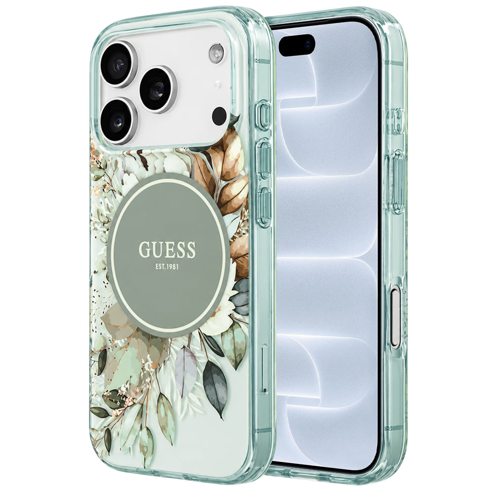 MagSafe-hoesje voor Apple iPhone 18 Pro / 17 Pro, Guess, IML Flower & Tonal Circle, groen