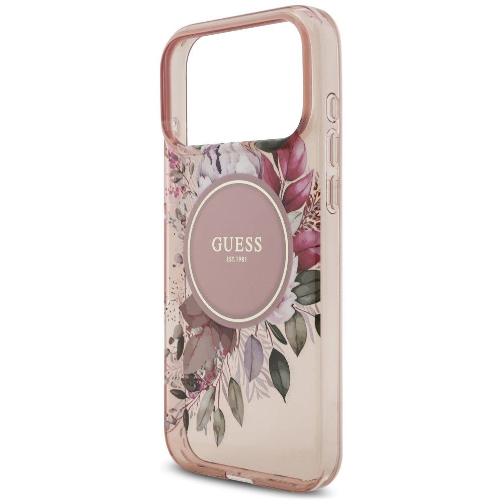 Coque MagSafe pour Apple iPhone 18 Pro / 17 Pro, Guess, IML Flowers with Pearl Strap, rose