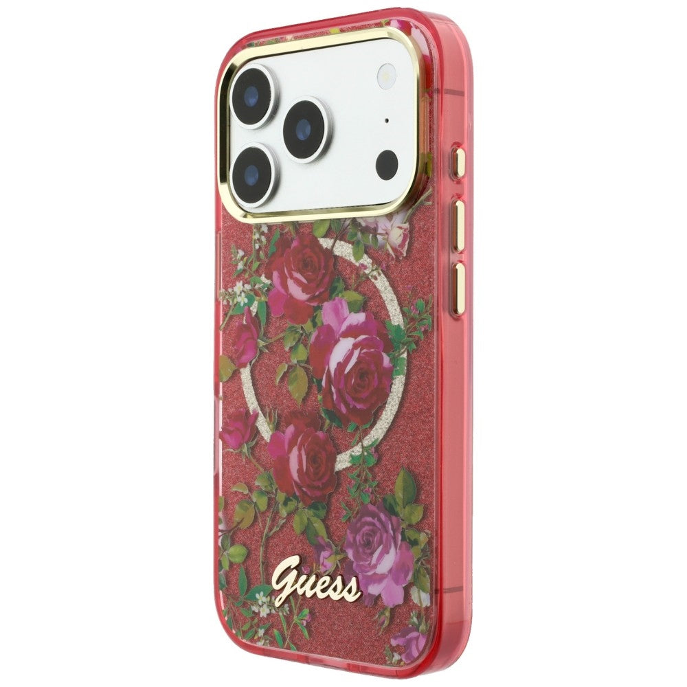 MagSafe-Hülle für Apple iPhone 18 Pro / 17 Pro, Guess, IML Glitter Blossom Roses, Weinrot