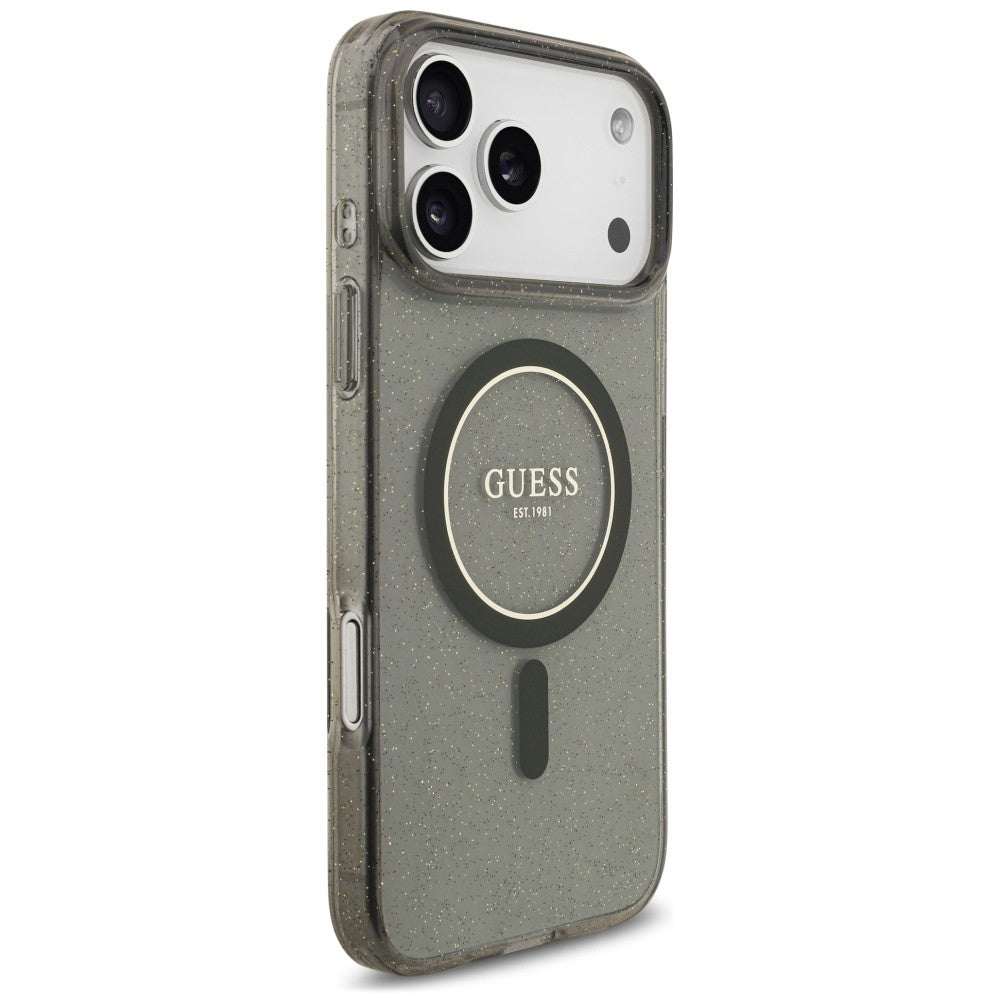 MagSafe-hoesje voor Apple iPhone 18 Pro / 17 Pro, Guess, IML Glitter with Pearl Strap, zwart