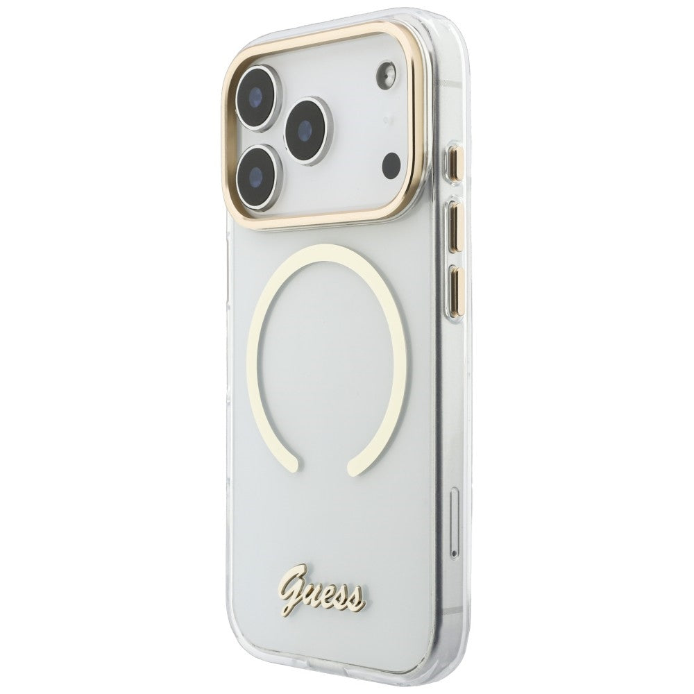 MagSafe-hoesje voor Apple iPhone 18 Pro / 17 Pro, Guess, IML Script Metal, transparant