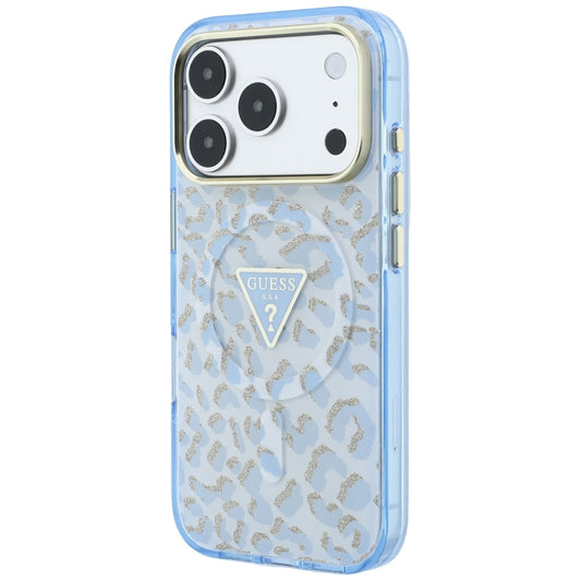 Coque MagSafe pour Apple iPhone 18 Pro / 17 Pro, Guess, Logo Triangle Paillettes Léopard, Bleu