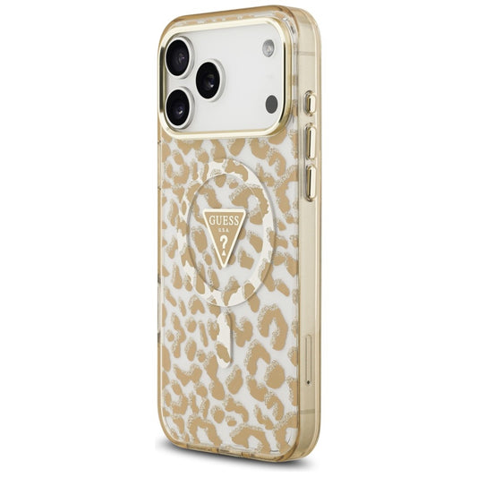 Coque MagSafe pour Apple iPhone 18 Pro / 17 Pro, Guess, Logo Triangle Paillettes Léopard, Marron