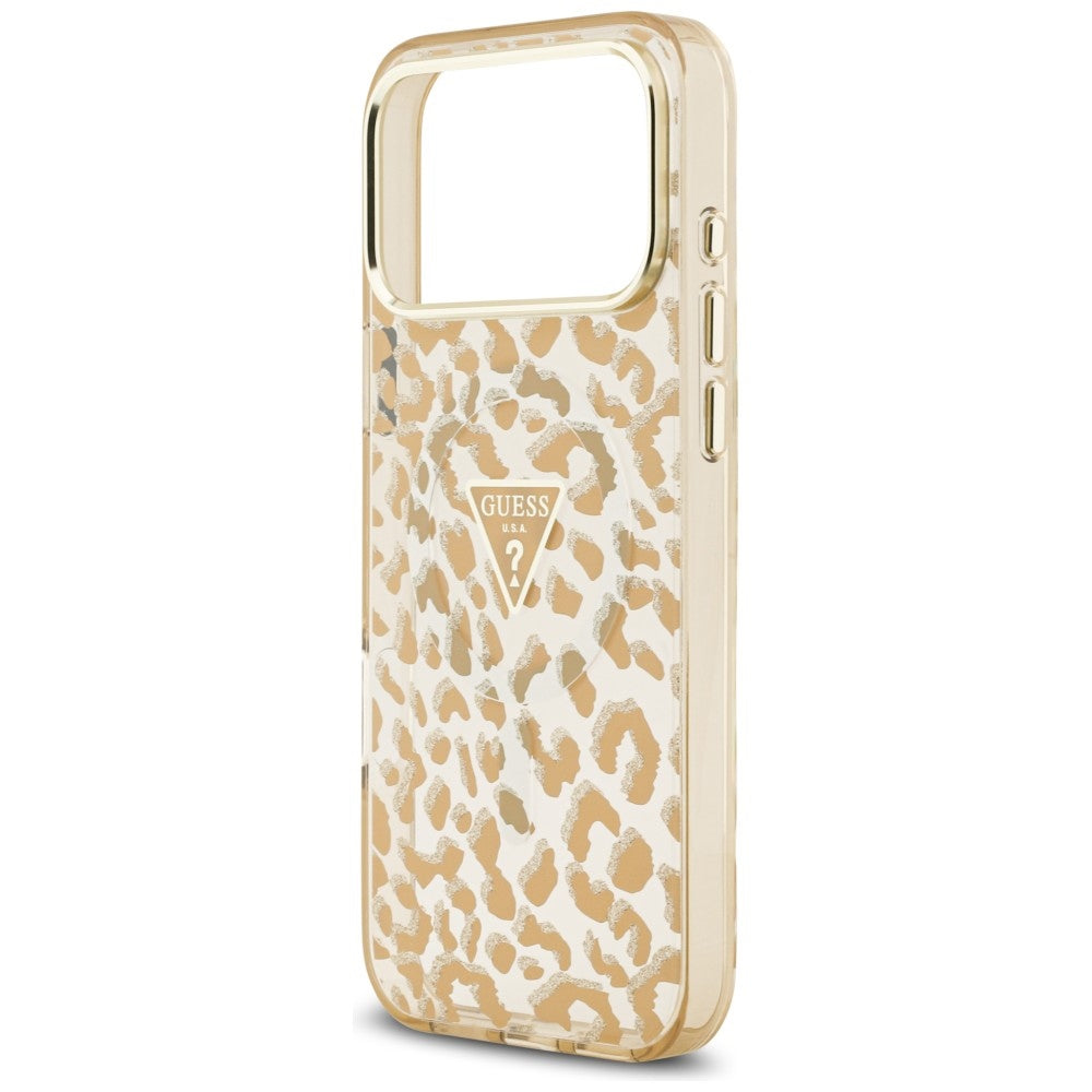 Coque MagSafe pour Apple iPhone 18 Pro / 17 Pro, Guess, Logo Triangle Paillettes Léopard, Marron