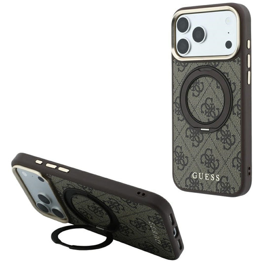 MagSafe-hoes voor Apple iPhone 18 Pro / 17 Pro, Guess, Ring Stand 360 4G Classic Logo, Bruin