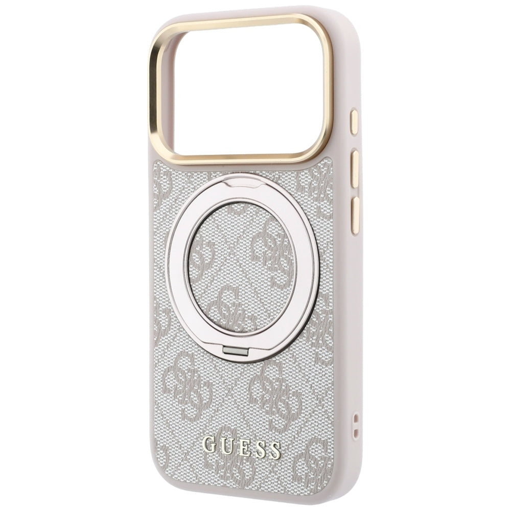 Coque MagSafe pour Apple iPhone 18 Pro / 17 Pro, Guess, Support Anneau 360 4G Logo Classique, Rose