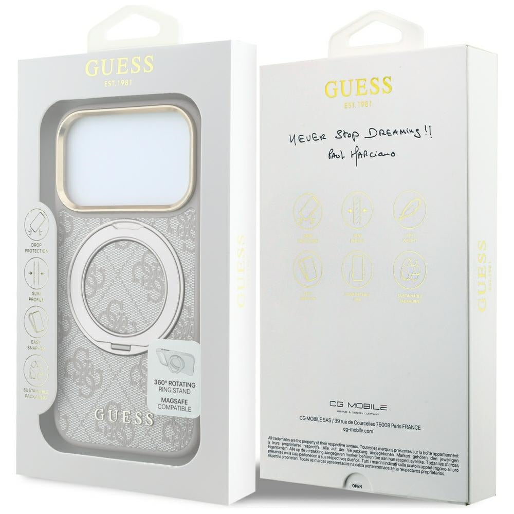 Coque MagSafe pour Apple iPhone 18 Pro / 17 Pro, Guess, Support Anneau 360 4G Logo Classique, Rose