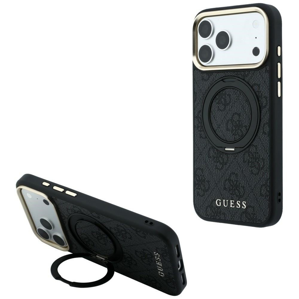 Coque MagSafe pour Apple iPhone 18 Pro / 17 Pro, Guess, Support Anneau Logo Classique, Noire
