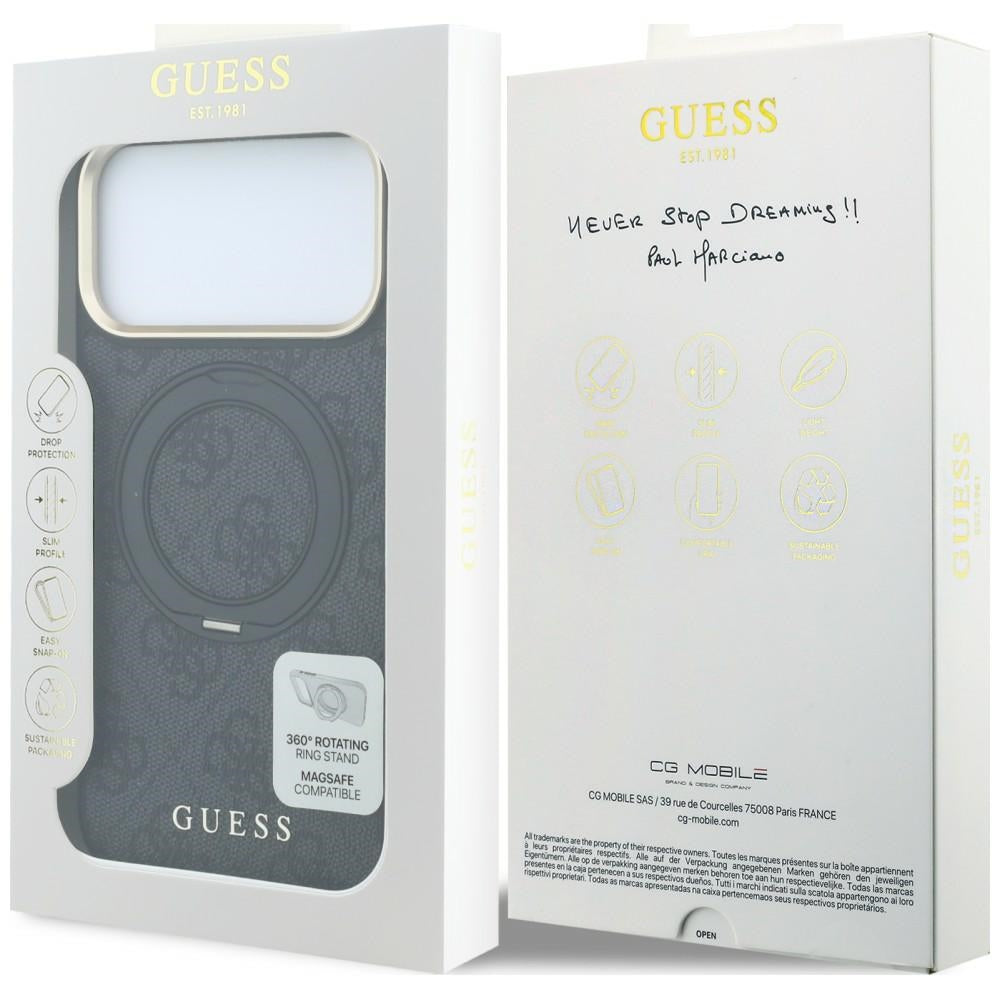 Coque MagSafe pour Apple iPhone 18 Pro / 17 Pro, Guess, Support Anneau Logo Classique, Noire