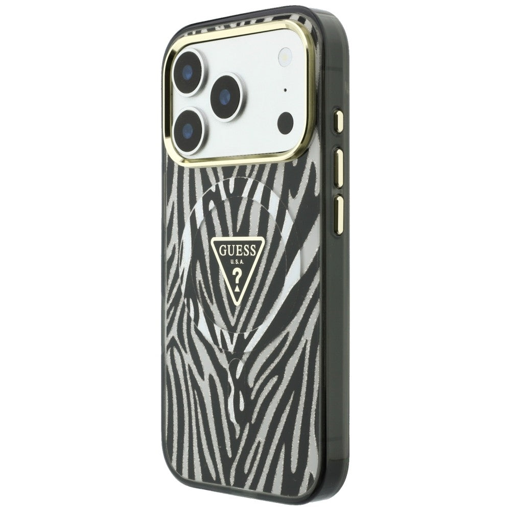 MagSafe-hoesje voor Apple iPhone 18 Pro / 17 Pro, Guess, Zebra Glitter Driehoek Logo, Zilver