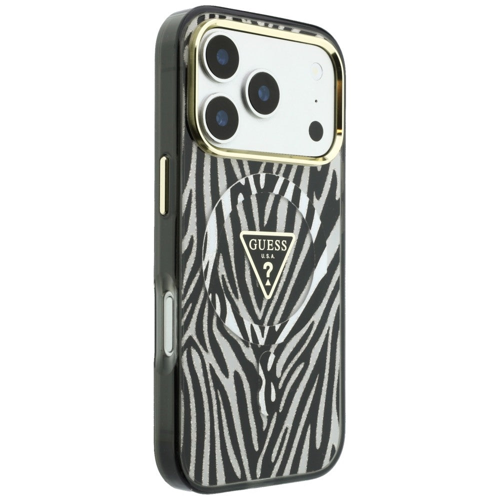 MagSafe-hoesje voor Apple iPhone 18 Pro / 17 Pro, Guess, Zebra Glitter Driehoek Logo, Zilver